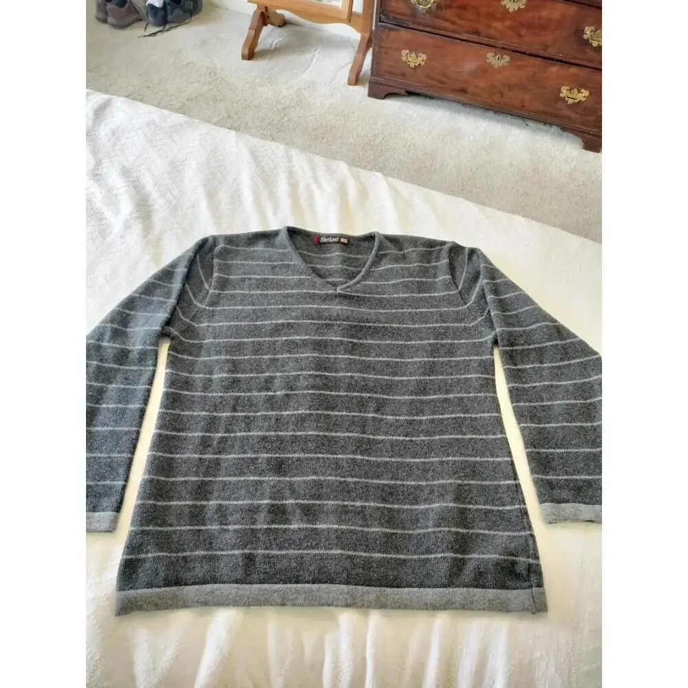 Vintage Sherland Lambswool Blend‎ Striped Sweater Grey V-Neck Large Grandpacore